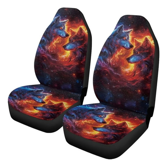 Uorisanigo 2PCS Fire Wolf Car Seat Covers for Front Seats, Fluffy Automotive Seat Covers for Cars SUV Pick-up Truck Sedan Seats Cover Cushion, Easy to Install, Auto Accessories