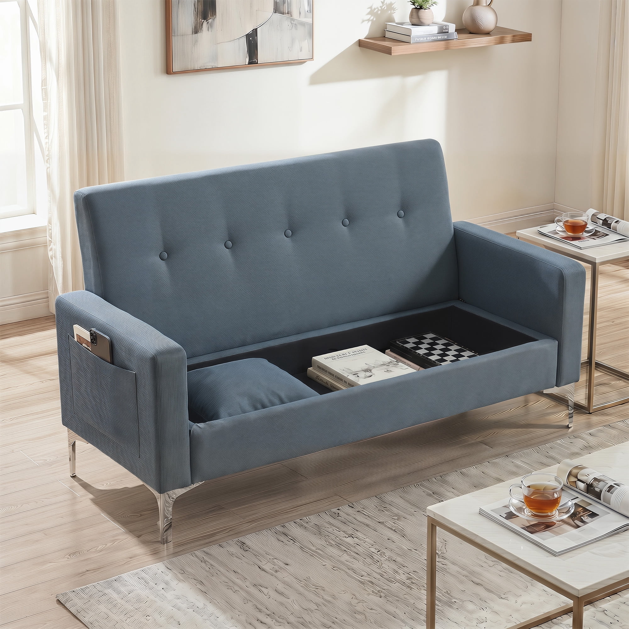 57 Inch Double Sofa with Storage, Practical Stylish Couch for Living Room Apartment Home Office, Gray