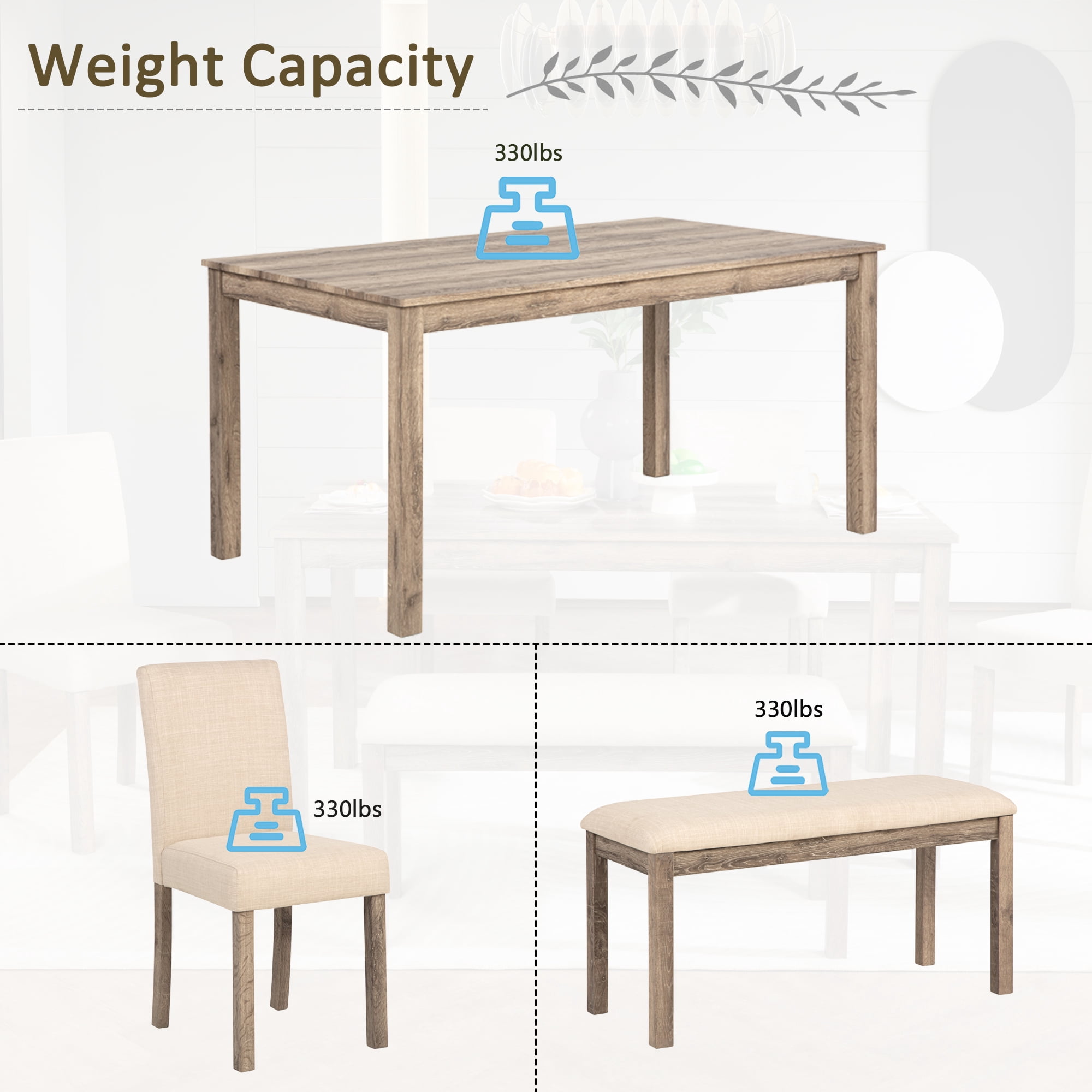 BSHTI 58.5" Wood Modern 6-Piece Dining Table Set with Fabric Upholstered Chairs, Bench, Rustic Design for Kitchen/Dining Room(Brown)