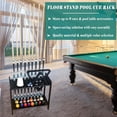 thumbnail image 4 of Pool Stick Holder Floor Stand Holds 9 Cues & Pool Table Accessories. Wooden 2-Tier Cue Stick Storage with Ball Rack Hangers, Billiard Cone Chalk Holder or Drink Pads, 4 of 7