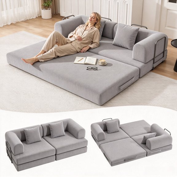 Noelse 3-in-1 Convertible Sofa Chair Bed, Adjustable Backrest Sleeper Sofa, Single Sofa Bed for Living Room, Apartment, Light Gray
