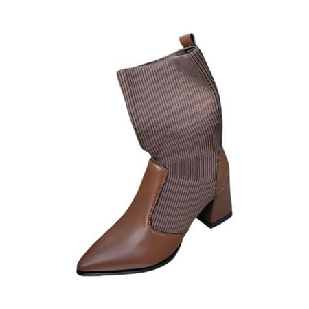 

BELLZELY Compression Socks for Women Clearance Women s Fashion Retro Splicing Boots Chunky Heel Middle-Heels Pointed Toe Knitting Boots