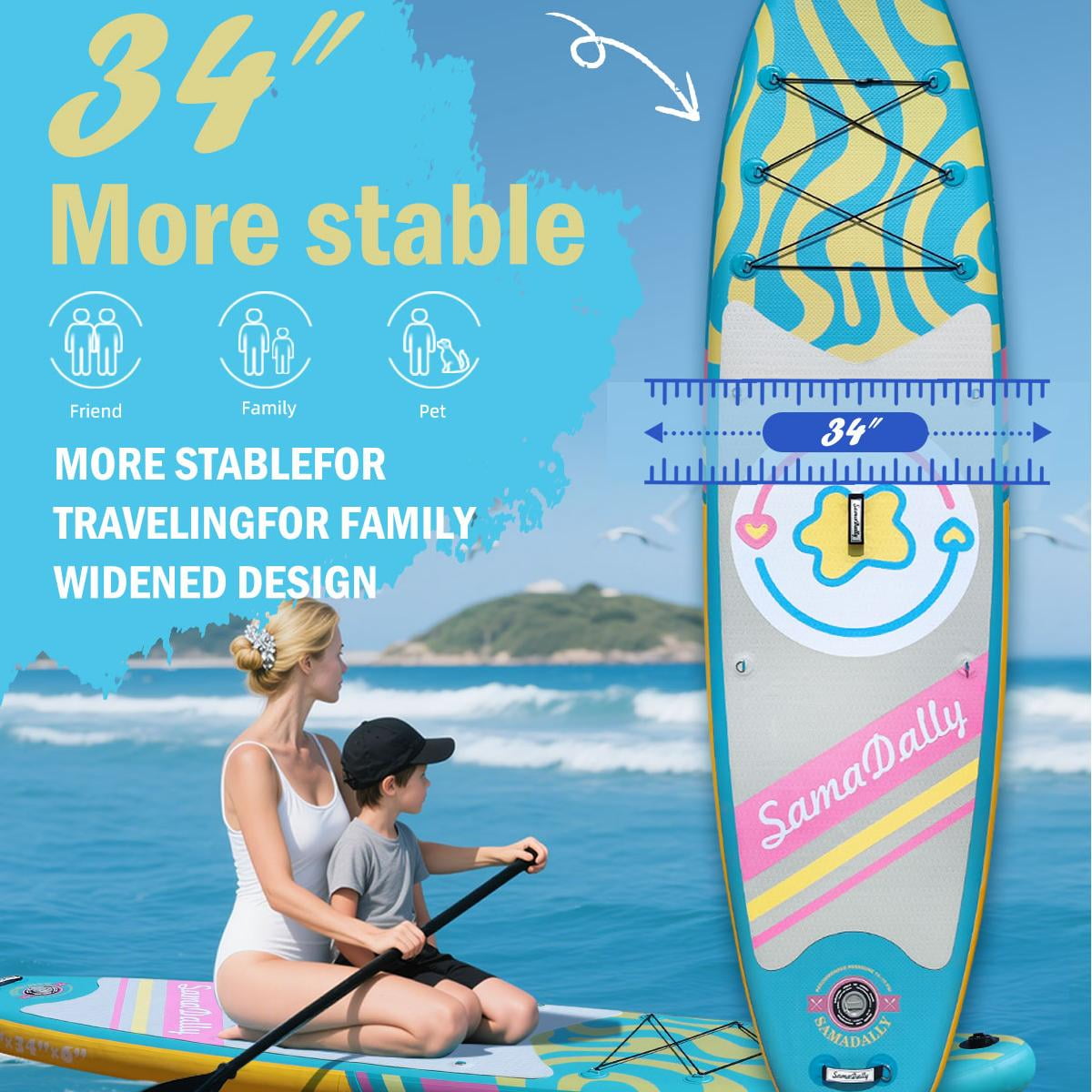 11’*34”*6” Inflatable Stand Up Paddle Board, 350lbs Capicity Paddle Board for Adult & Youth, Sup Board Kayak Non-Slip Stable Deck for Yoga, Fishing, Surfing (Bluish yellow)