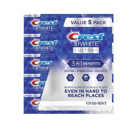 Crest 3D White Ultra Whitening Toothpaste, Vivid Mint, (5.6 Ounce, 5 Pack) Packaging May Vary