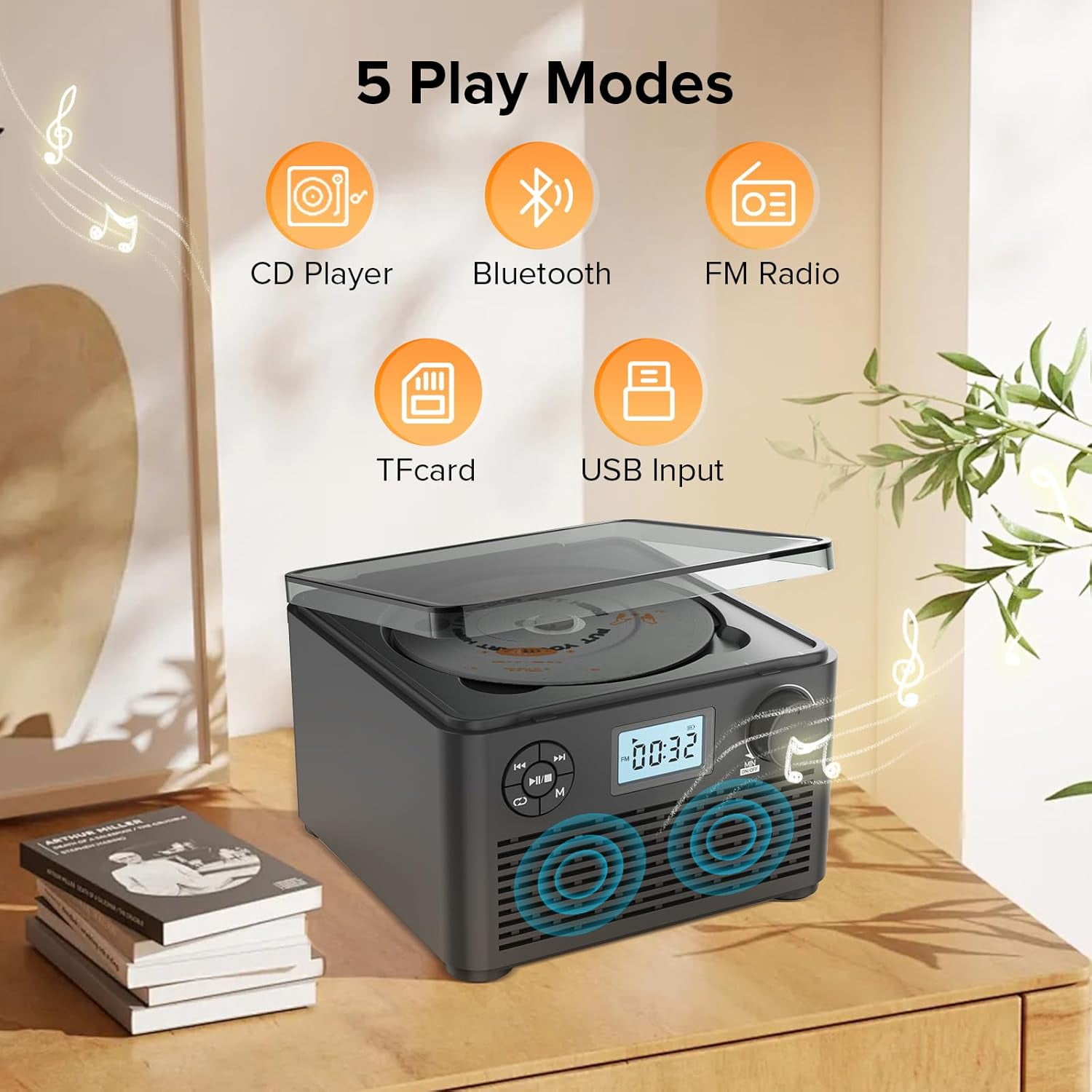 Portable CD Player Boombox with Bluetooth,CD Players for Home with Stereo Speakers,Rechargeable BoomBox CD Player with FM Radio,Support CD/MP3,USB/TF Card,Headphone Jack for Home and Kids Gift
