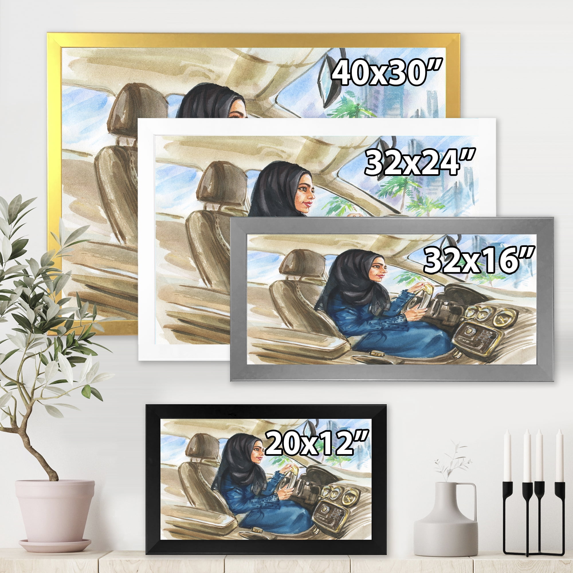 Designart 'Arabian Lady Driving A Car I' Modern Framed Art Print