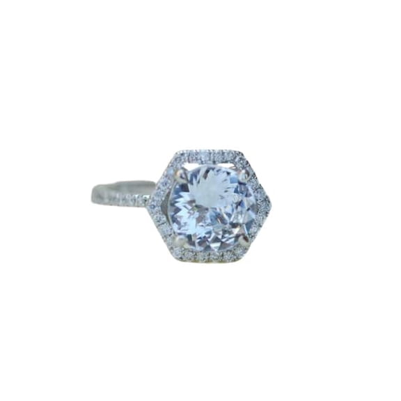 HeartsAndYou 1.2ct Engagement Ring for Women Round Cut Moissanite Unique Hexagon Halo 18k White Gold Over Silver