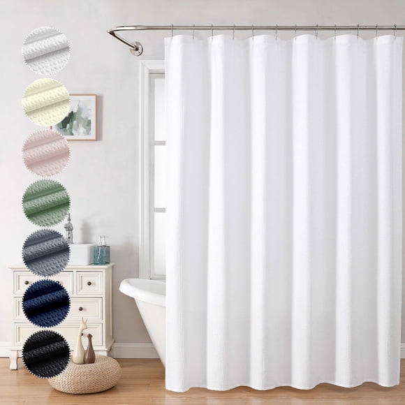 Ovzme Rideau de Douche Extra Long Blanc 96 Pouces de Long, Tissu Texturé 3D en Relief, Grand Rideau de Bain d'Hôtel avec 12 Trous, Rideaux de Douche en Tissu Lavable, 72X96, Blanc
