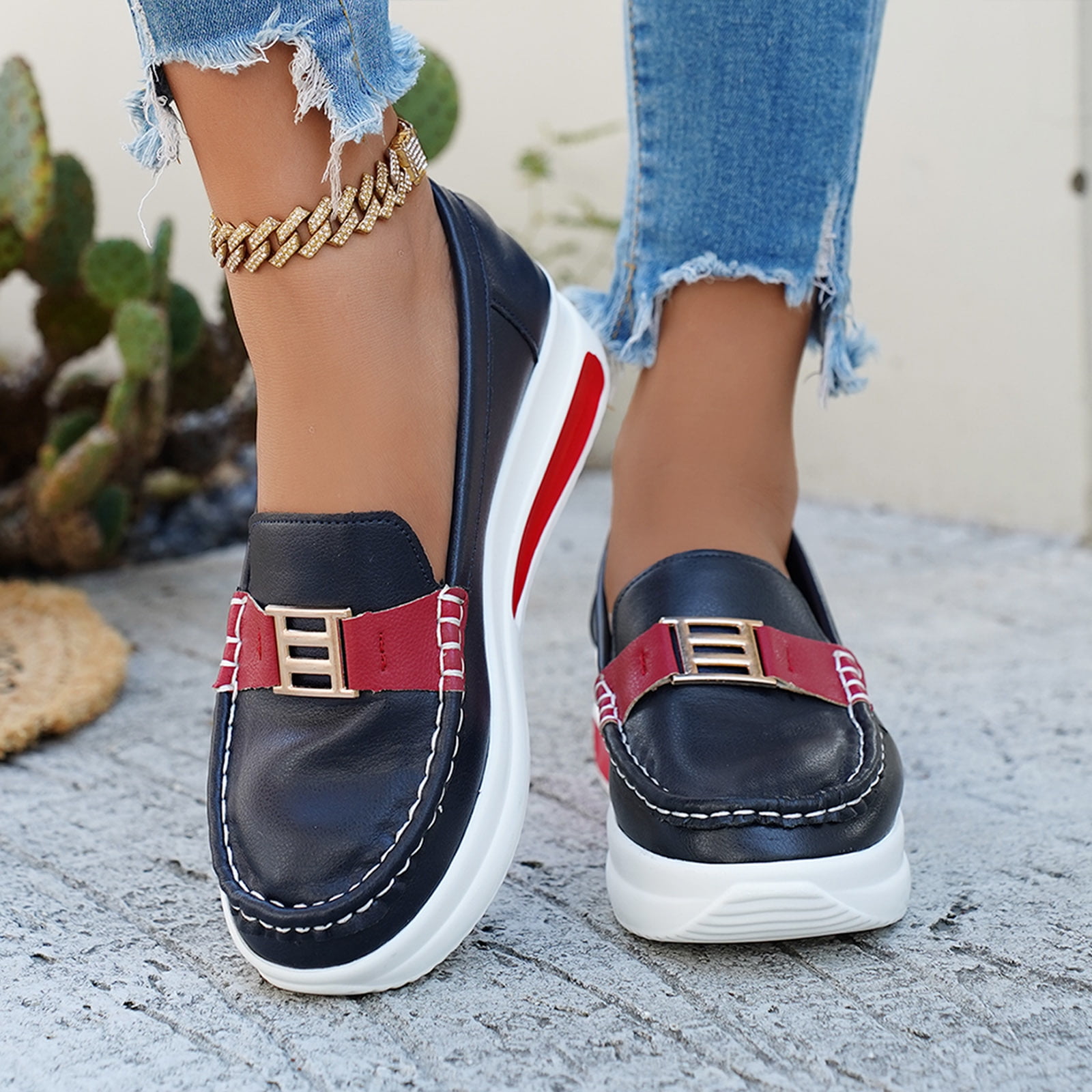 Rokment Women's Platform Wedge Walking Shoes Low Top Fashion Sneakers 2026 Spring Fall Leather Chunky High Heel Slip-on Nursing Work Loafers Red Size 7.5