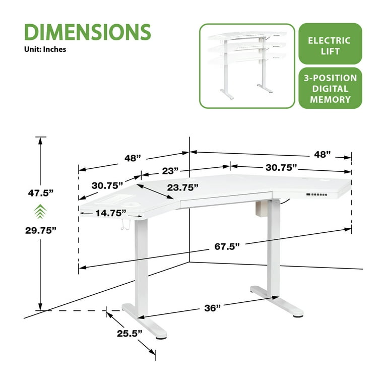 Stealth Adjustable Sit-to-Stand Corner Desk with Drawers, White