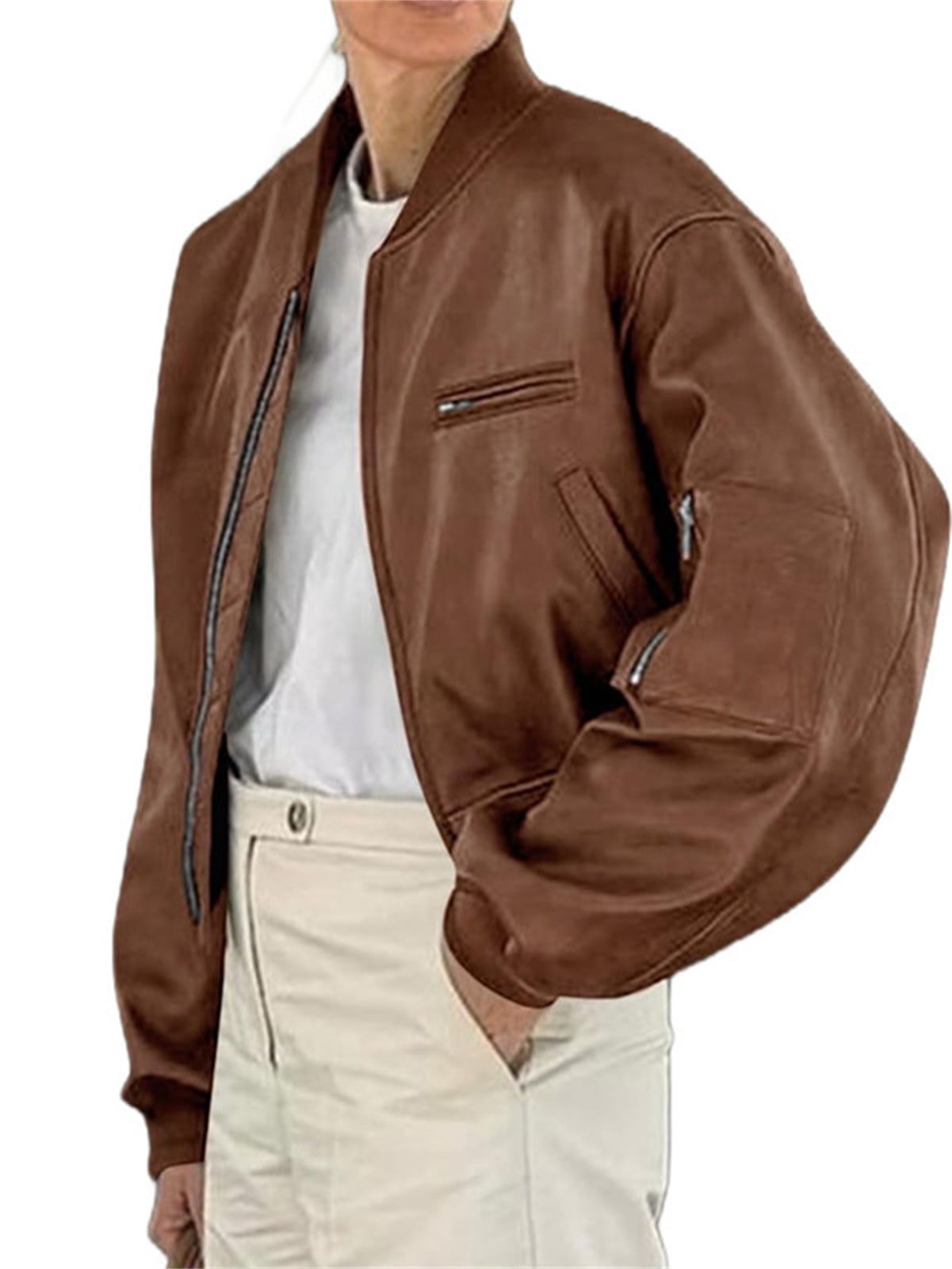 Womens Faux Leather Bomber Jackets Baseball Collar Zip Up Cropped Biker Coat with Pockets