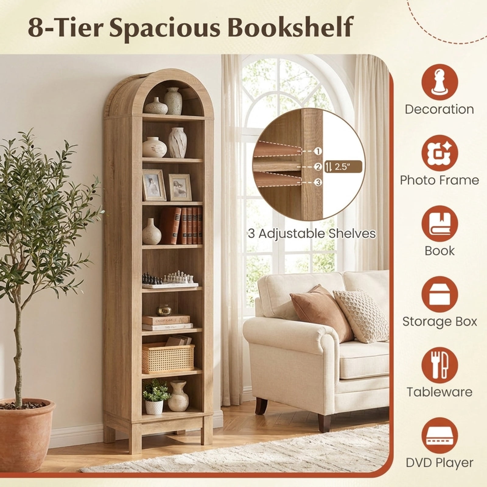 Furnibear 8-Tier Modern Arch Bookshelf with 3 Adjustable Shelves for Living Room Home Office Bedroom Display Storage Shelf, Natural