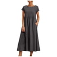 thumbnail image 1 of Vestido informal de lino sin mangas para mujer con bolsillos - Vestido midi de verano holgado con cuello redondo, 1 of 6