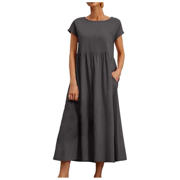 Vestido informal de lino sin mangas para mujer con bolsillos - Vestido midi de verano holgado con cuello redondo
