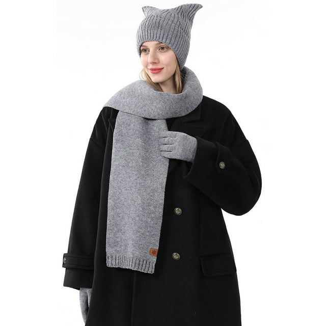 TINZ Foulard Tricotée d'Hiver et Cache-Oreilles Doublé Chaud avec Gants Texturés Doux Ensemble Foulard Femmes
