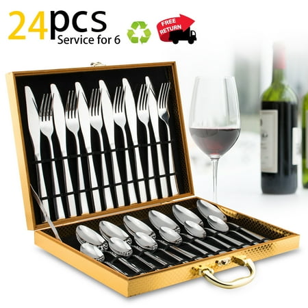 Small Silverware Set Silverware Set, Lekoton 24 pcs Stainless Steel Silverware Sets Service for 6 with Luxury Gift Box ()