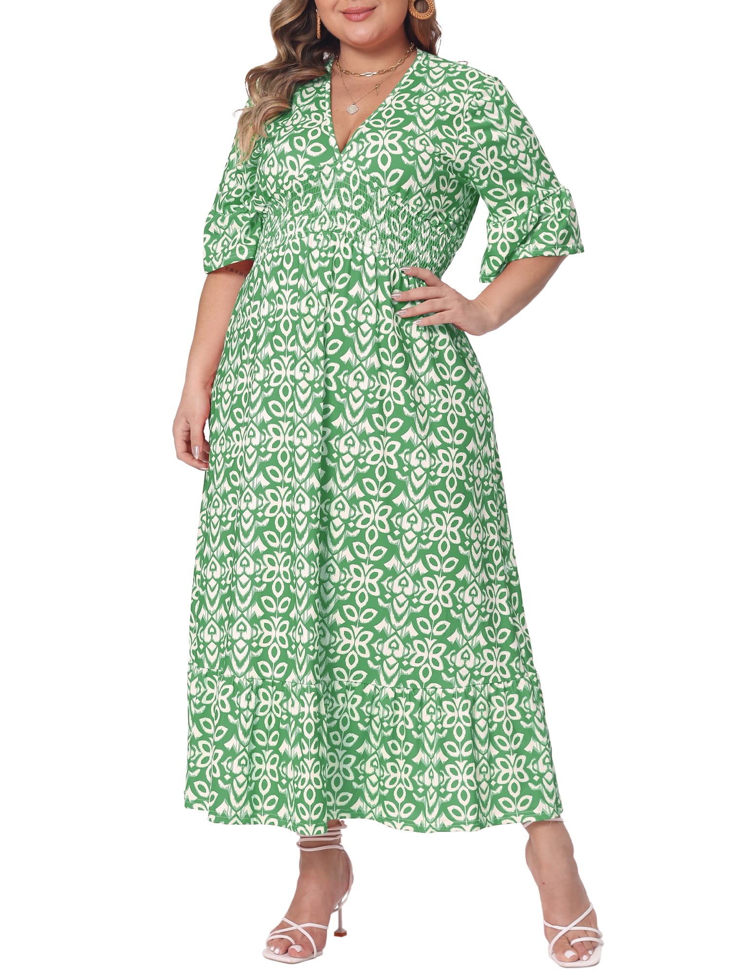 DARING DIVA Women's Plus Size Bell Sleeve Ruffled Hem Boho A Line Dress 1X Green
