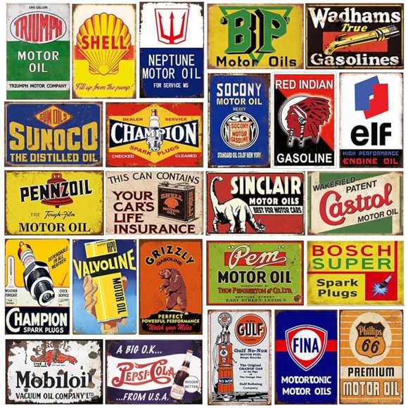 Panneau Vintage en Étain Répété, Panneaux en Métal Rétro à l'Huile de Gaz pour Garage Man Cave Bar Cuisine, Décoration de Voiture Nostalgique, 8x12 Pouces (24 Pcs B)