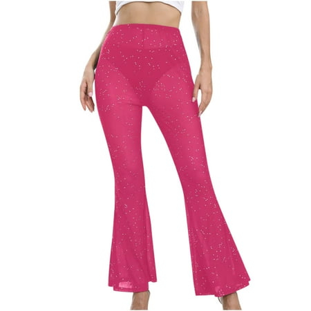 

Dadaria Wide Leg Pants for Women Ladies Mesh Sheer Solid Color Elastic Flared Pants Hot Pink M Female
