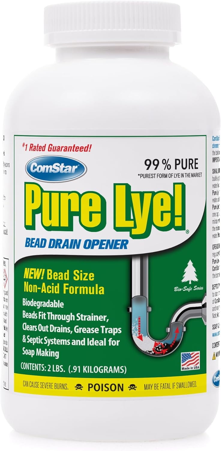 ComStar Pure Lye, 2 lb, Unique Sodium Hydroxide Beads | Drain Opener & Soap Making | Biodegradable, Eco-Friendly (Pack of 12)