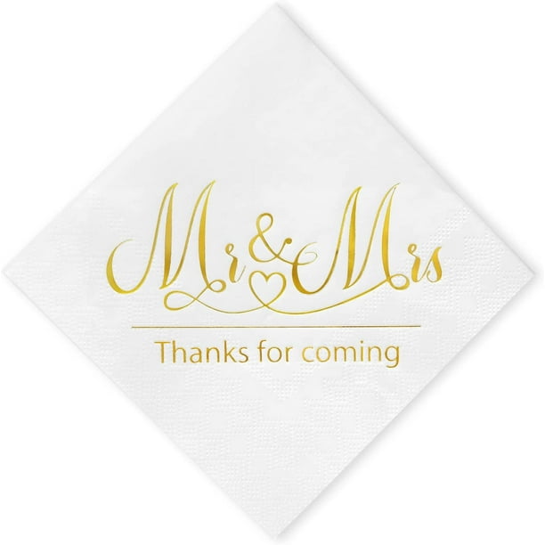"200 Pcs, 3Ply Wedding Napkins Mr & Mrs Gold Cocktail Beverage Napkins