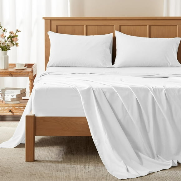 Comfort Spaces Coolmax Moisture Wicking Sheet Set Soft, Fade Resistant, All Elastic Deep Pocket Fits Up to 16" Mattress - Warm Weather Cooling Sheets for Night Sweats, Full, White, 4