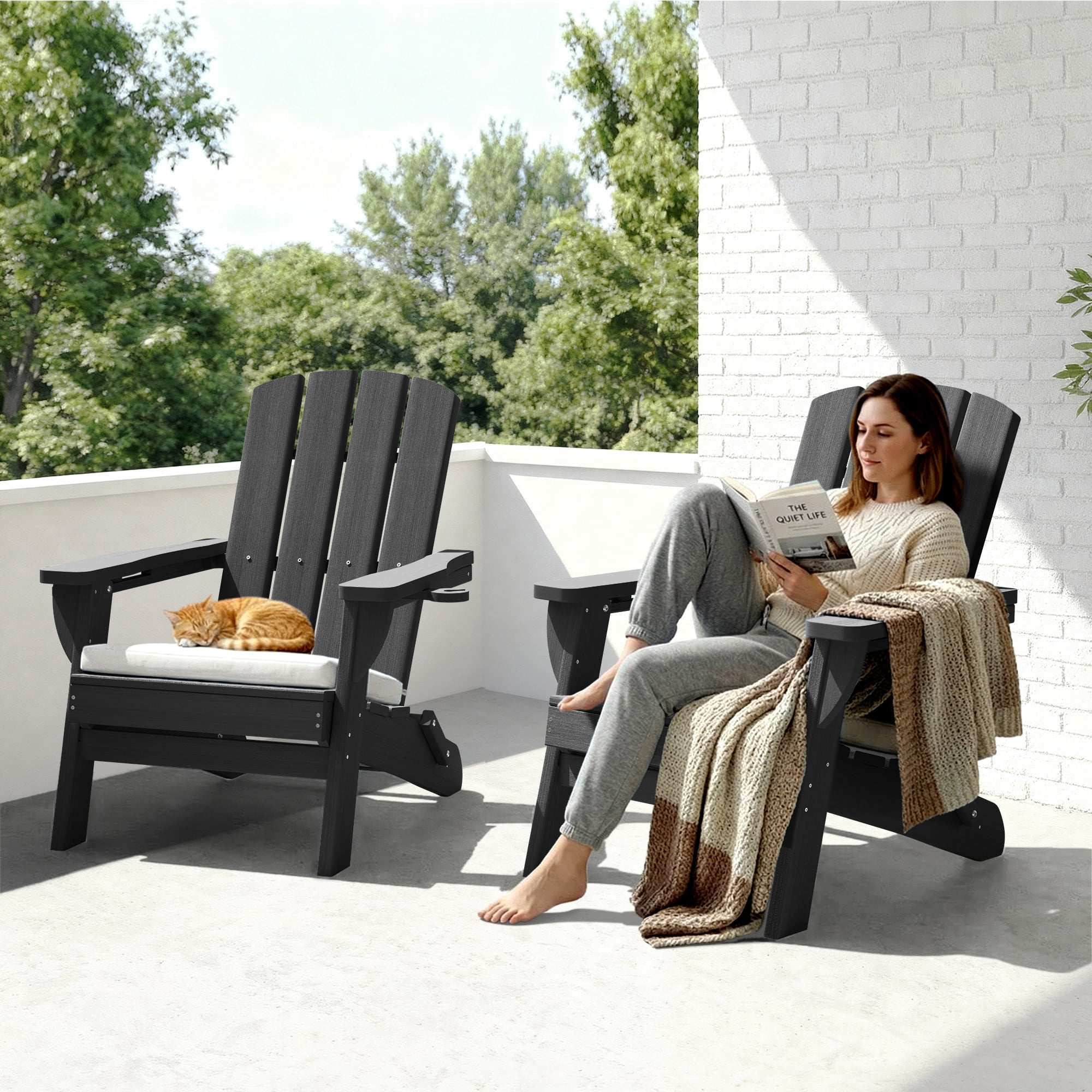 SUUNYN Folding Adirondack Chairs Set of 4, HDPE Patio Chairs, Black