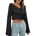 thumbnail image 1 of Suéter corto para mujer, cuello en V, manga larga, suéteres casuales, 1 of 8