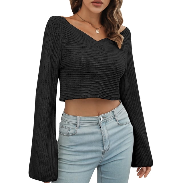 Suéter corto para mujer, cuello en V, manga larga, suéteres casuales