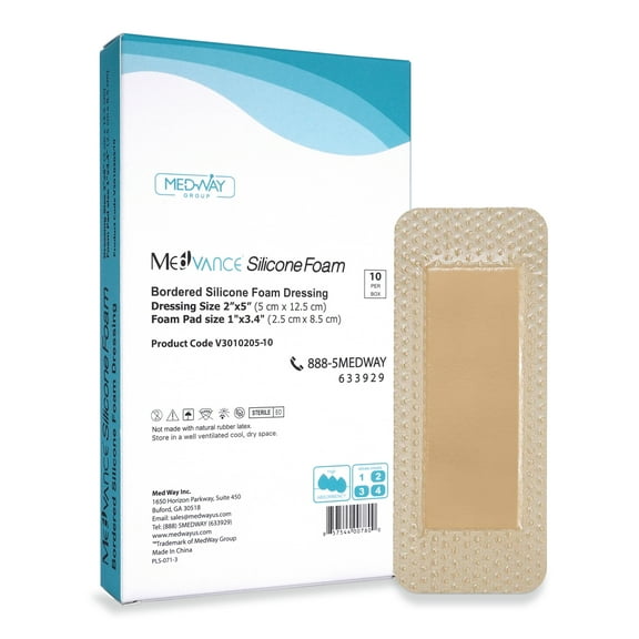 MedVanceTM Silicone - Bordered Silicone Adhesive Foam Dressing, 2"x5" (1.2"x3.4" pad) Box of 10 dressings