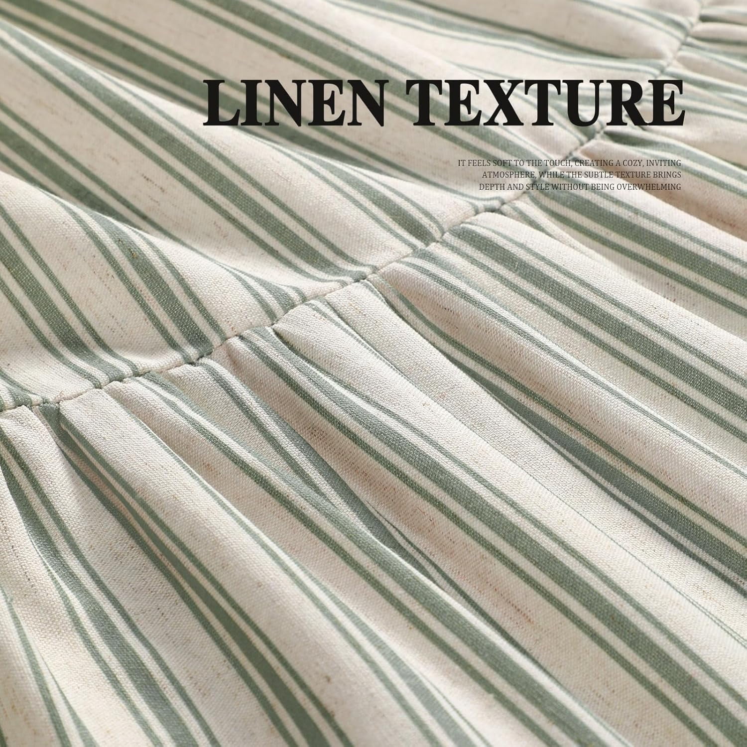 Farmhouse Shower Curtain with Ruffle Hem Linen Shower Curtains for Bathroom Country Vintage Rustic Natural Fabric, Cream-Green Stripe 72" W x 72" L
