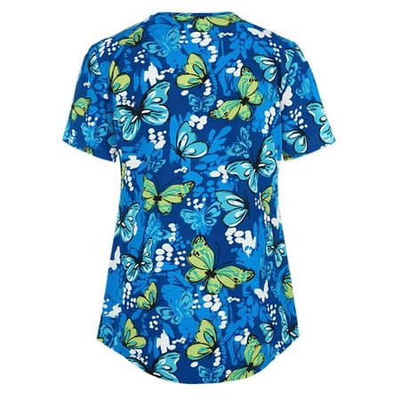 

CYMMPU Short Sleeve Scrub_Tops Clearance Women s Fashion V-Neck Working Uniform Trendy Clothing Shirts Retro Floral Printed Pattern Summer Tunic Nurse Uniform Workwear Blue S