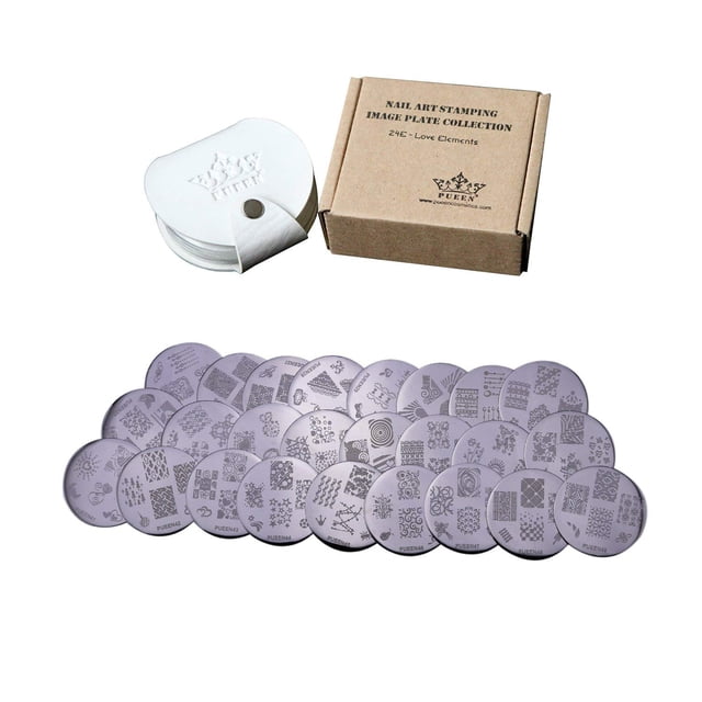 PUEEN Nail Art Stamp Collection Set 24E - LOVE ELEMENTS - NUEVO Juego único de 24 placas de imagen para manicura con estampado de esmalte de uñas Kit de accesorios (un total de 144 imágenes) con estuc