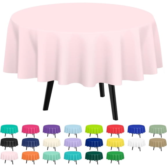 AUQ 2 Pack Pink Round Plastic Tablecloth Disposable|84" Light Pink Circle Table Cloth for Birthday Party Decorations,Valentines,Easter,Mothers Day,Baby Shower
