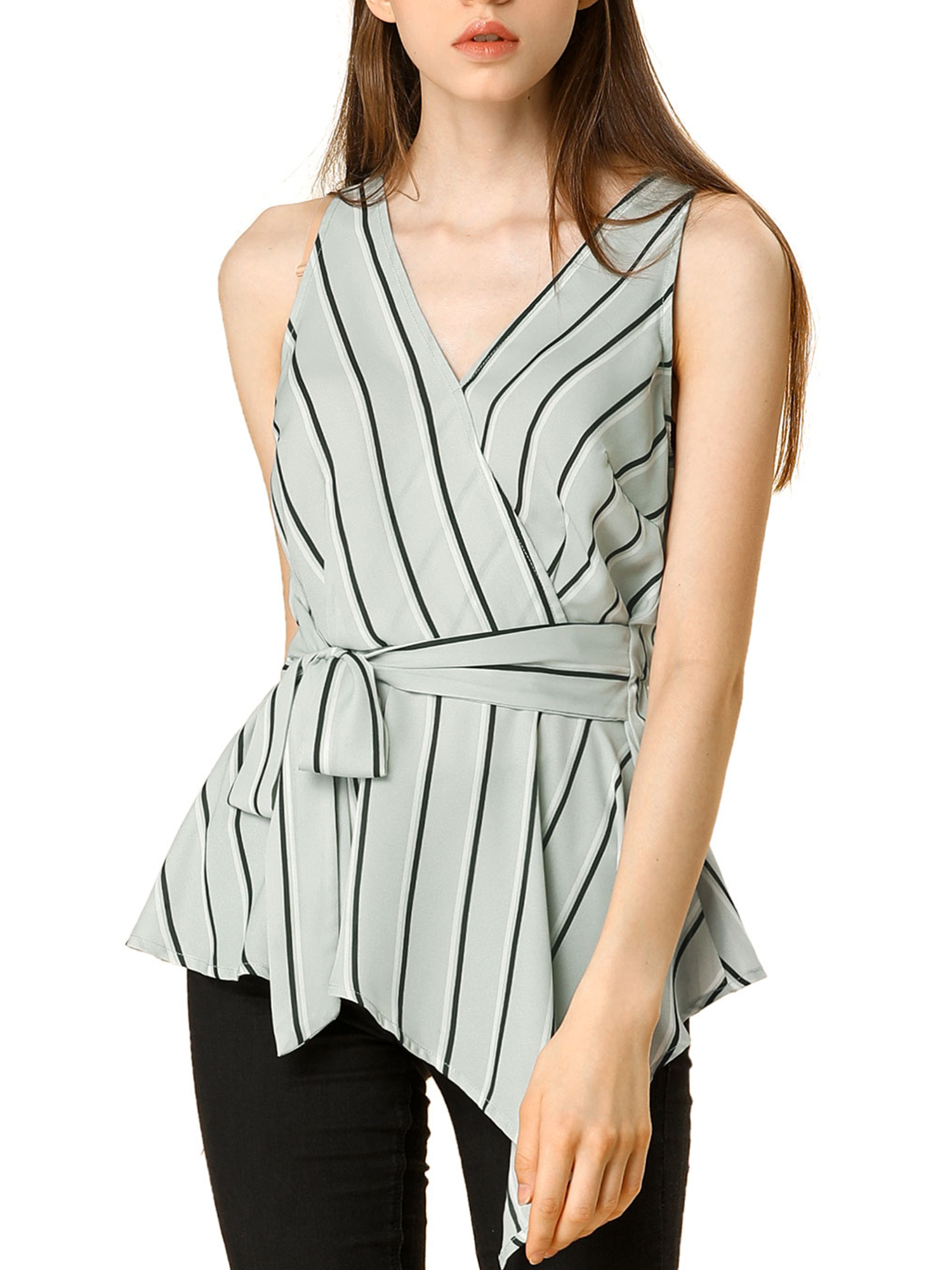 Unique Bargains Unique Bargains Womens V Neck Sleeveless Wrap Tie Waist Top