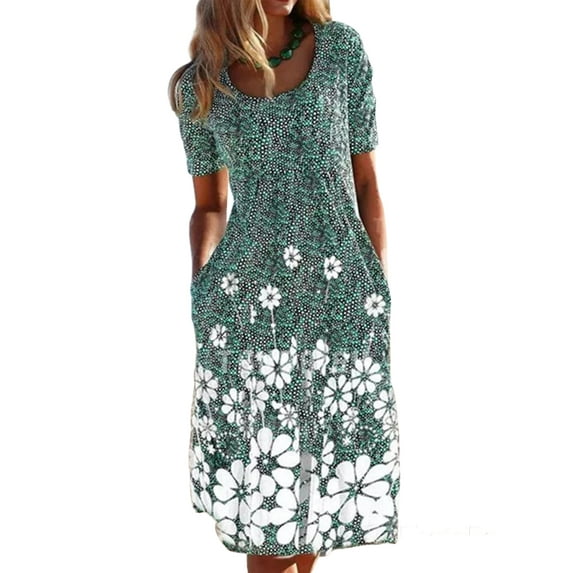 FASHIONWT Women Vintage Easter Printed Short Sleeve Crewneck Midi Pockets Dress