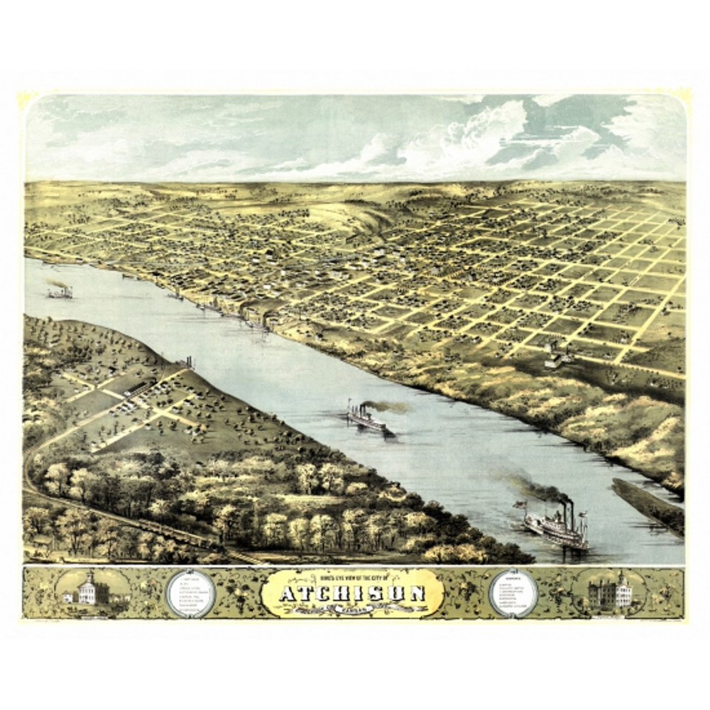 Vintage Map of Atchison Kansas 1869 Atchison County Poster Print (18 x