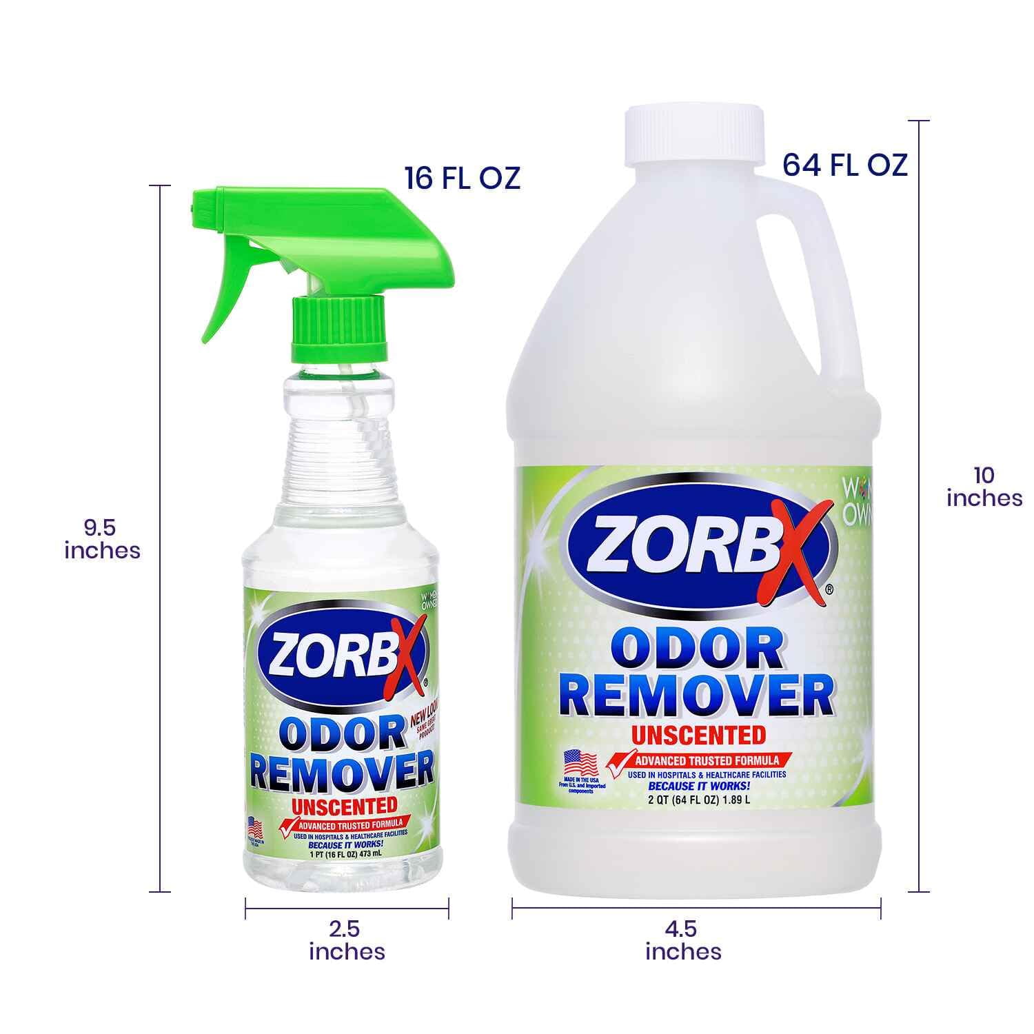 ZORBX Unscented Odor Eliminator Spray for Hospitals & Healthcare – Dog, Cat, Car & Carpet Deodorizer (16oz + 64oz)