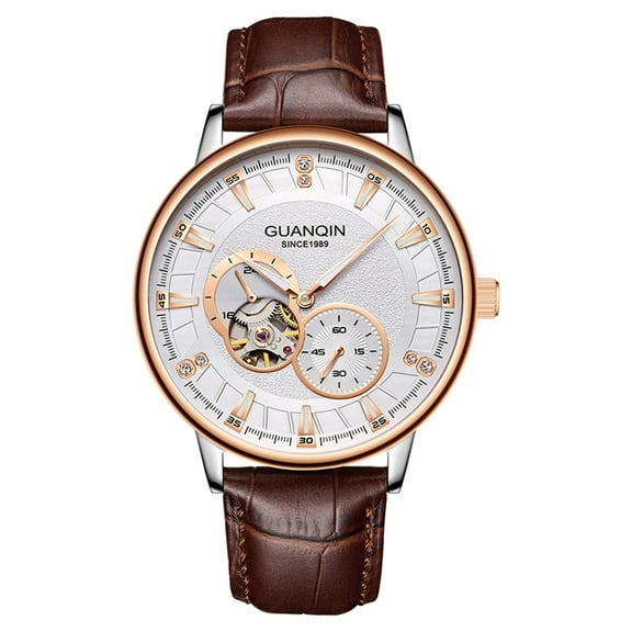 GUANQIN Rhinestone Skeleton Automatic Self-Winding Vintage Wristwatch Men Mechanical Business Multifunctional Wrist Watch Stainless Steel Genuine Leather Sapphire Crystal Waterproof Clock Luminous