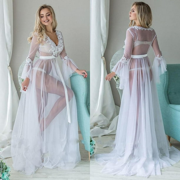 Bulingna Women Deep V-neck Robes Lace Sheer Nightgown Full-Length Long  Night Dress 