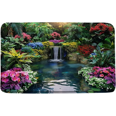 Tropical Landscape Bath Mat Memory Foam Rug Forest Jungle Waterfall Floral Leaves 16x24 Inch Green Bathroom Kitchen Decor
