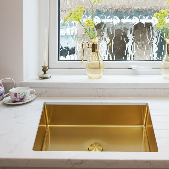 Modern Undermount Sink, 21.65x14.96x5.31in 304 Stainless Steel, Golden Rectangular Design with Pop-Up Drain Assembly