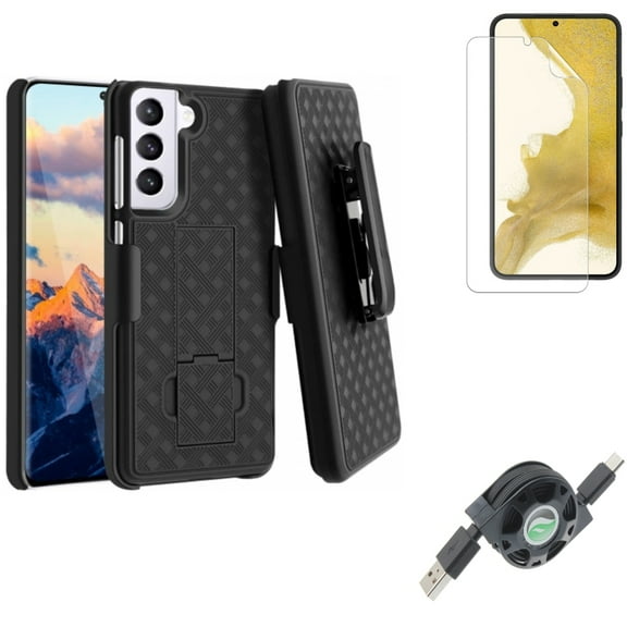 For Samsung Galaxy S21 (6.2") - Anti-Glare TPU Film Matte Screen Protector   Type-C Retractable USB Cable   Swivel Holster Case Belt Clip