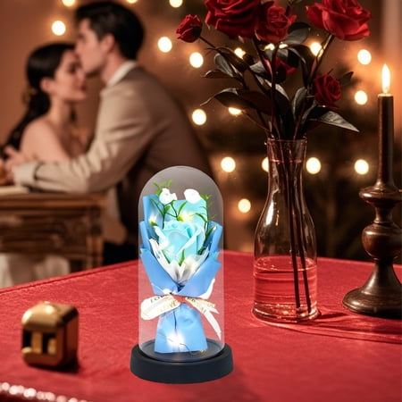 Valentines Day Gift Everlasting Flowers Glass Cover Rose Bouquet Soap Flower Luminous Decorative Ornament Romantic Birthday Present Floral Arrangement Home Table Decor Gift Choice