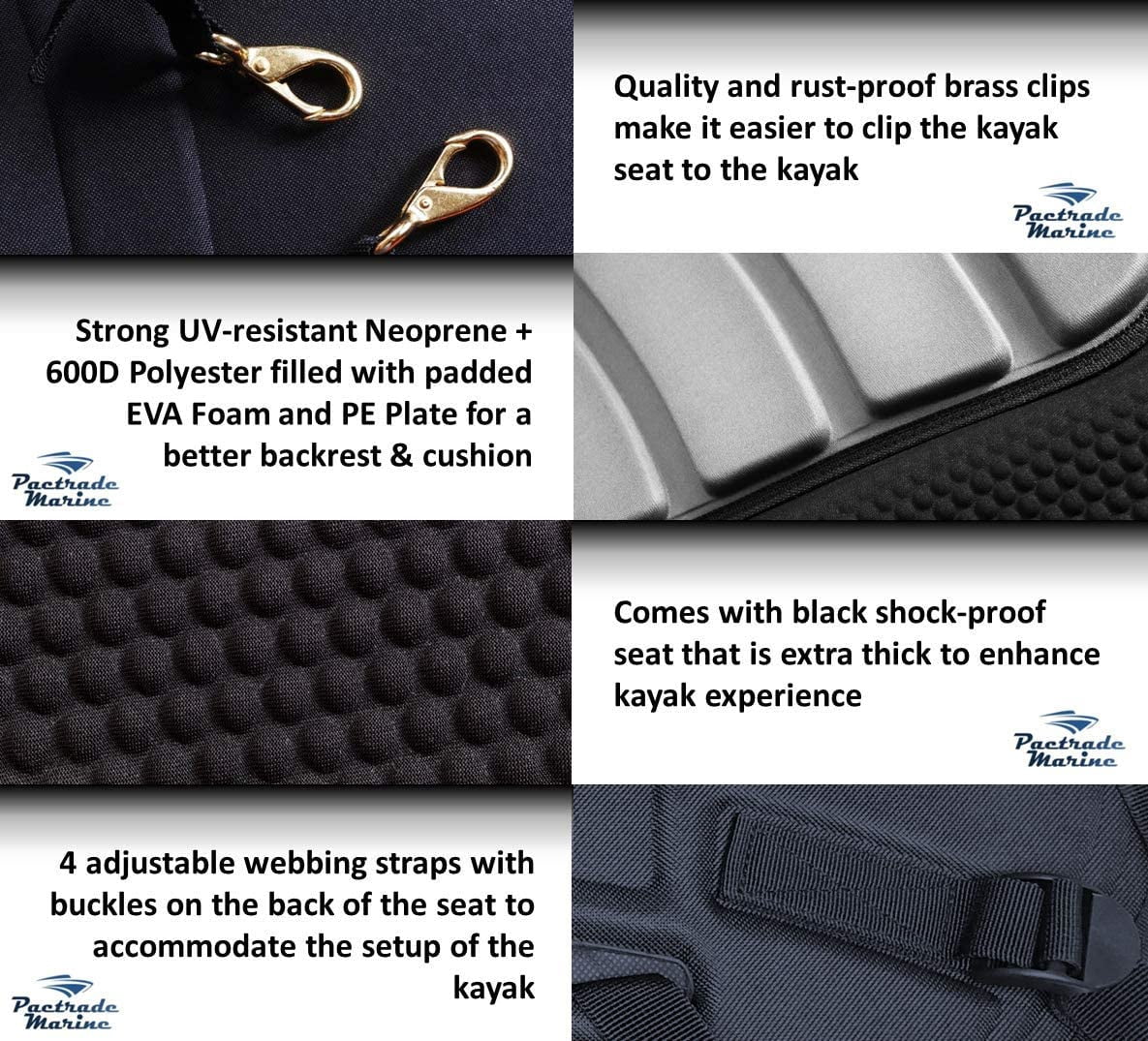 Pactrade Marine Boat Adjustable Straps Black Gray Extra Padded Deluxe Kayak Seat Detachable Storage Backpack Bag Canoe Backrest Support Cushion Sit on Top Fishing Brass Clips (1)