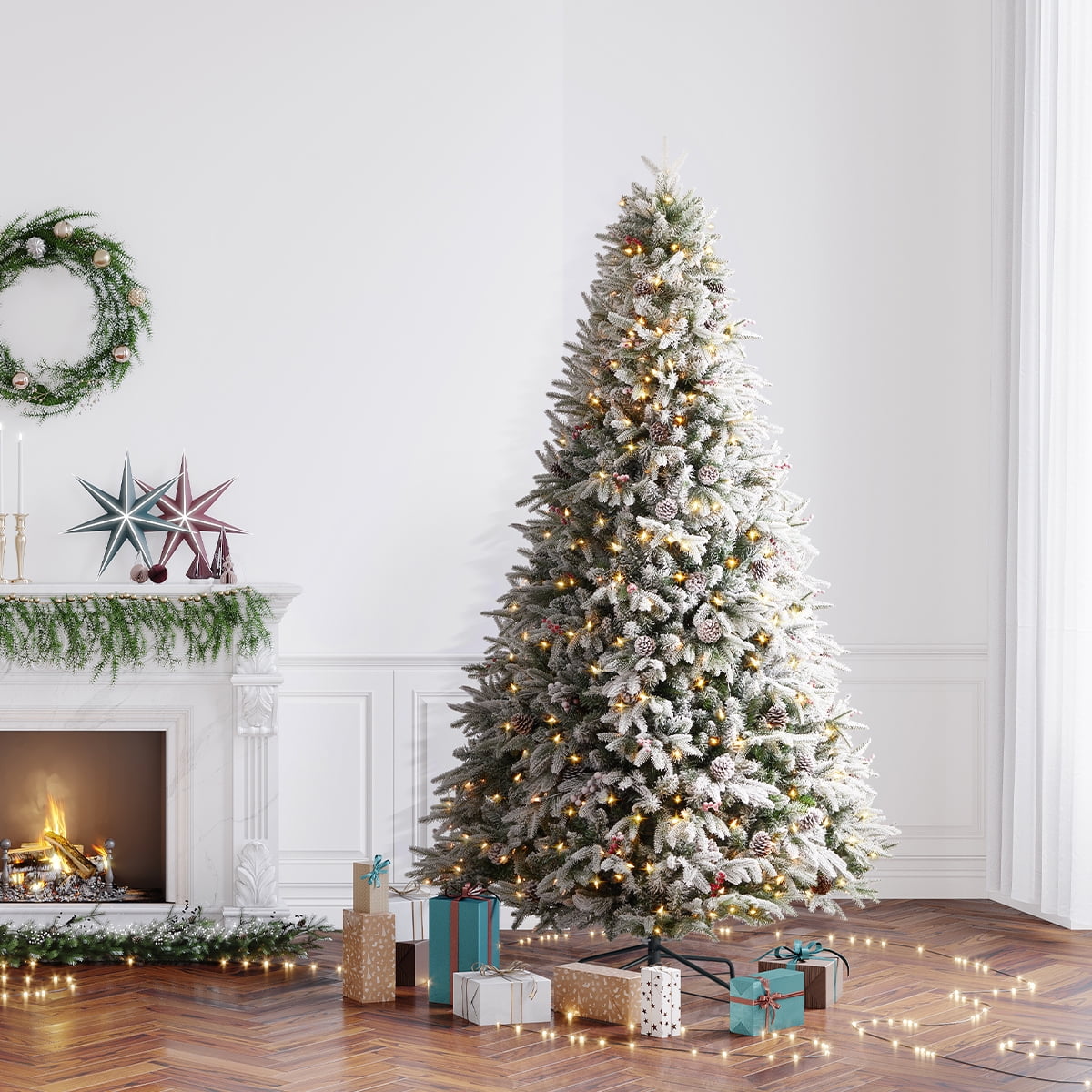 OasisCraft 6.5FT Flocked Hinged Christmas Tree, Pre-lit PVC & PE 968 ...