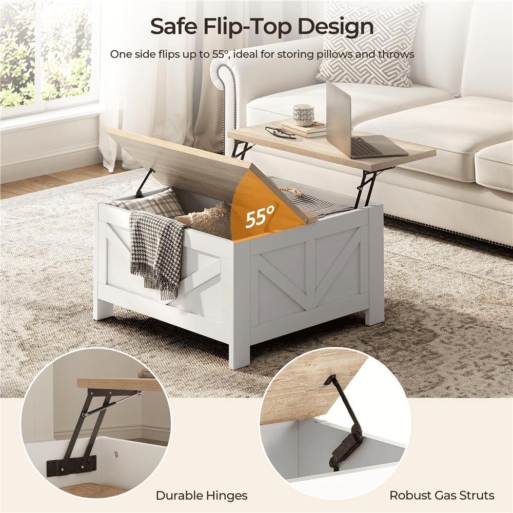Alden Design Farmhouse Square Lift Top Coffee Table with Hidden Compartments, White & Light Oak