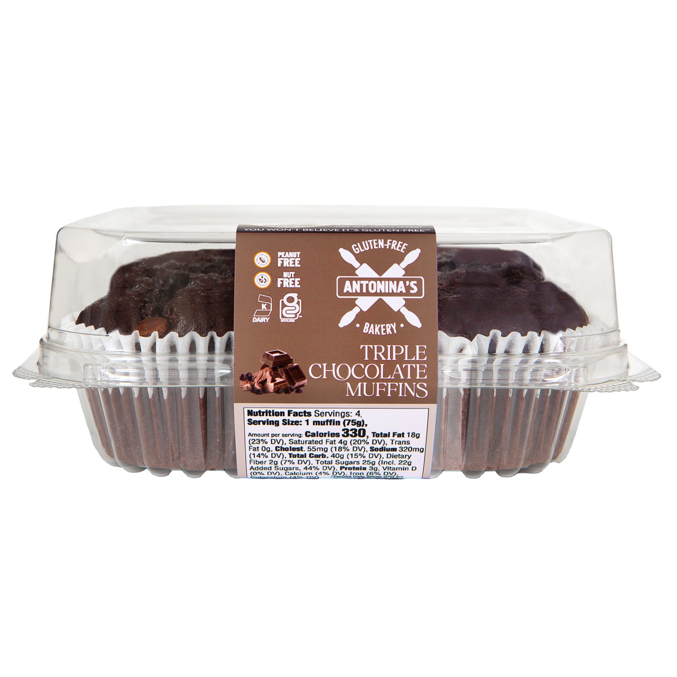 Antonina's Gluten Free Bakery Frozen Kosher Triple Chocolate Muffin 10.5oz 4 Pack