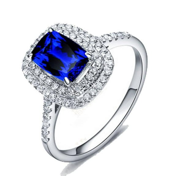 2.05 Carat 7mm Cushion Cut Vintage Blue Sapphire And Moissanite Diamond Halo Engagement Ring for Women in 10k White Gold