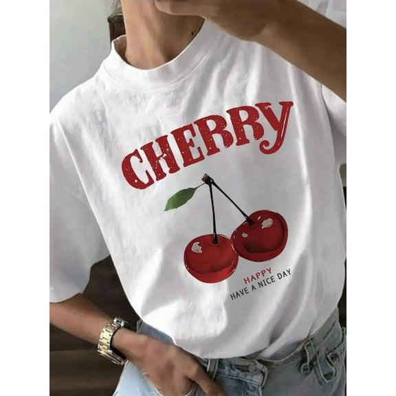 Letter And Cherry Print T-Shirt, Short Sleeved Round Neck Casual Top, Suitable For Summer Women's Clothing